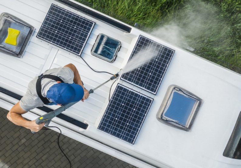 Men Power Washing His Camper Van RV Roof and Solar Panels